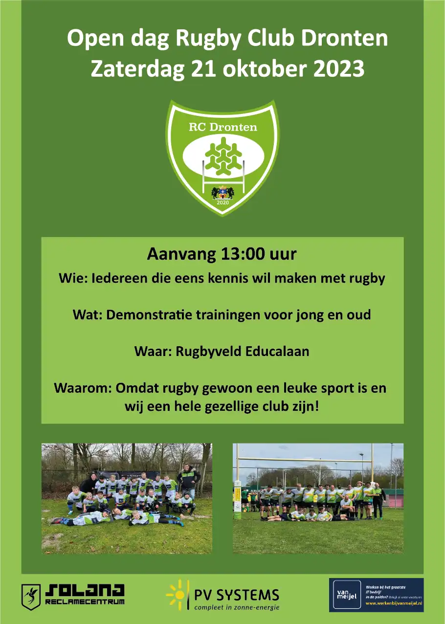 Rugby Club Dronten houdt zaterdag 21 oktober een open dag